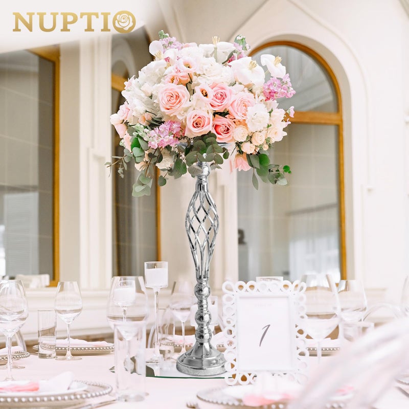 NUPTIO Set of 2 Versatile Silver Flower Arrangement Stand & Pillar Candle Holder Set for Wedding Party Dinner Centerpiece Event Restaurant Hotel Decoration (Silver Twist Style, 2 x L) - Image 2